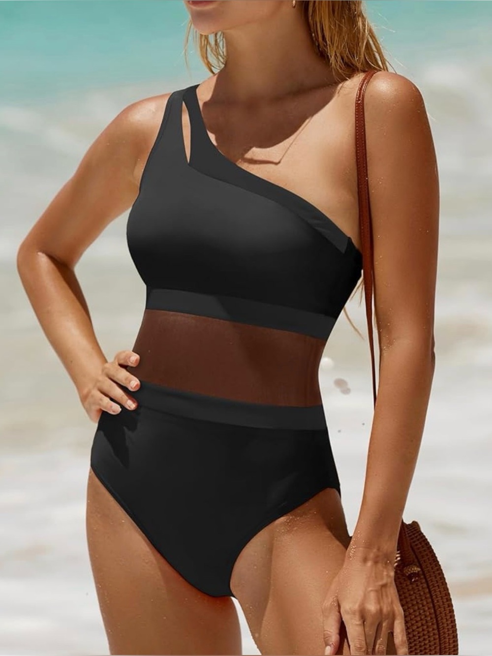 Holipick Women One-Shoulder Black Mesh One-Piece Swimsuit<<<353>>>